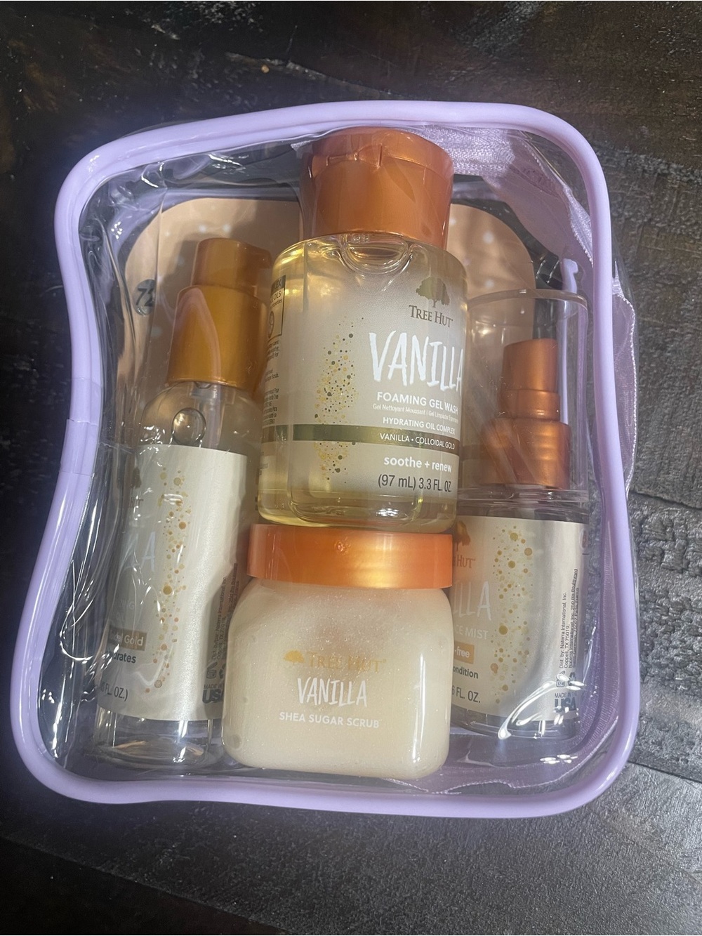 Tree Hut Vanilla Skincare Set in Lavender Clear Pouch